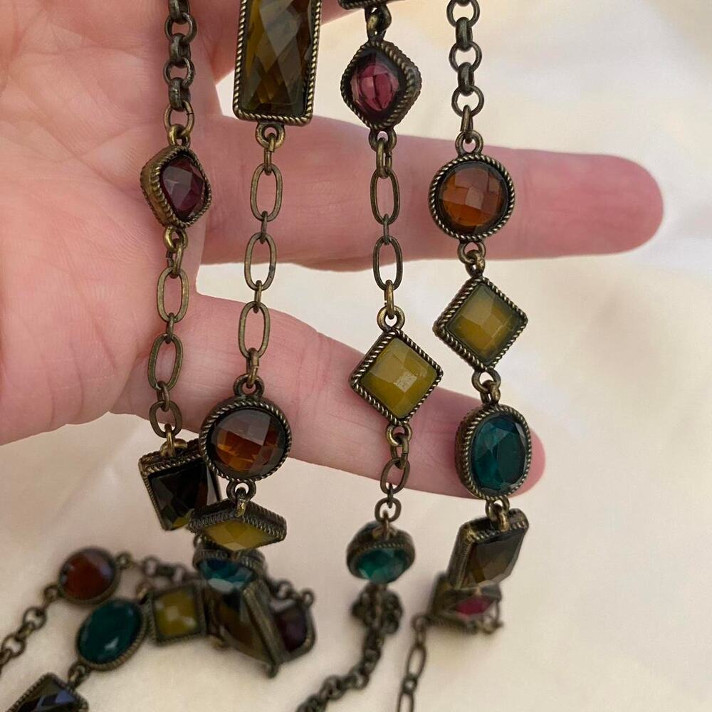 Vintage Avon Chain Station Necklace Bronze Multicolor Faceted Jewels  36"